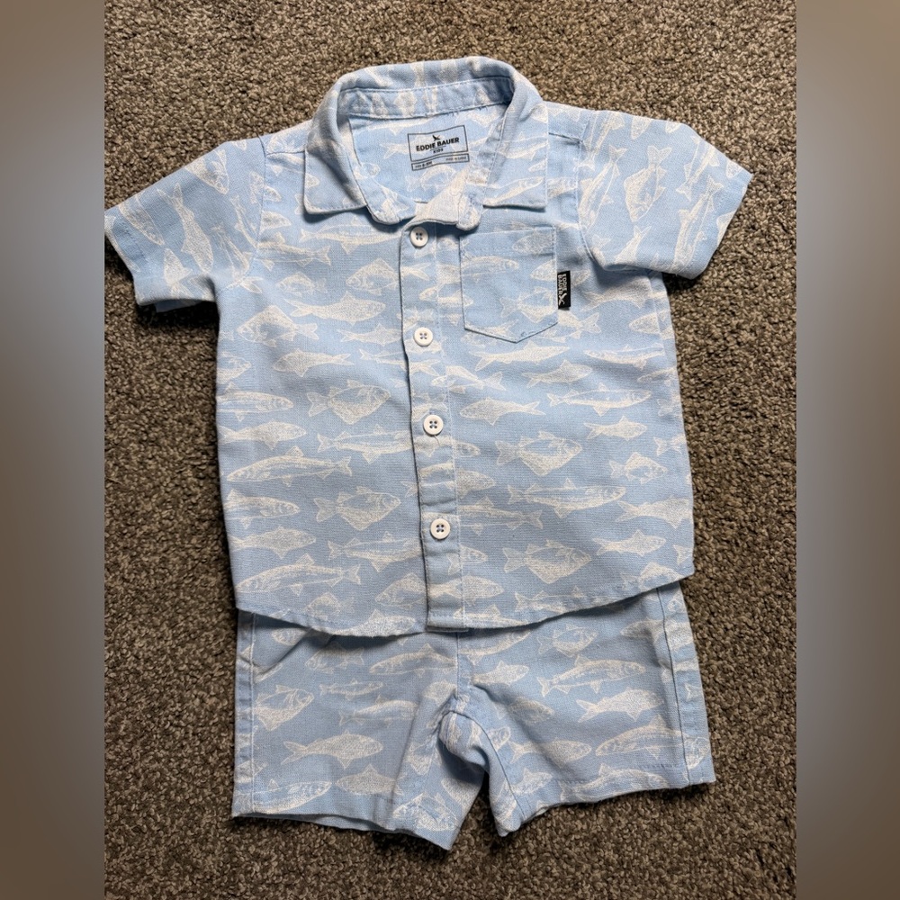 Eddie Bauer Kids Baby Boy Fish Print Button Shirt & Shorts Set | 6–9 Months